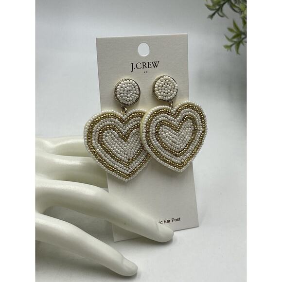 J. Crew Factory Beaded Heart Statement Earrings in Pearl Multi Gold Plated New - Picture 1 of 8